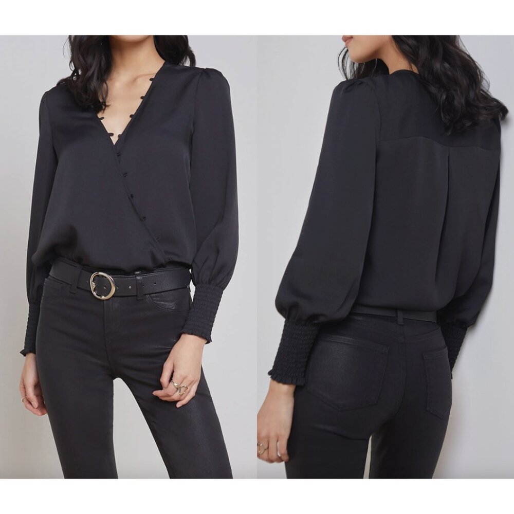 NWT L'Agence Black Enzo Surplice Balloon Sleeve Blouse Top size Medium